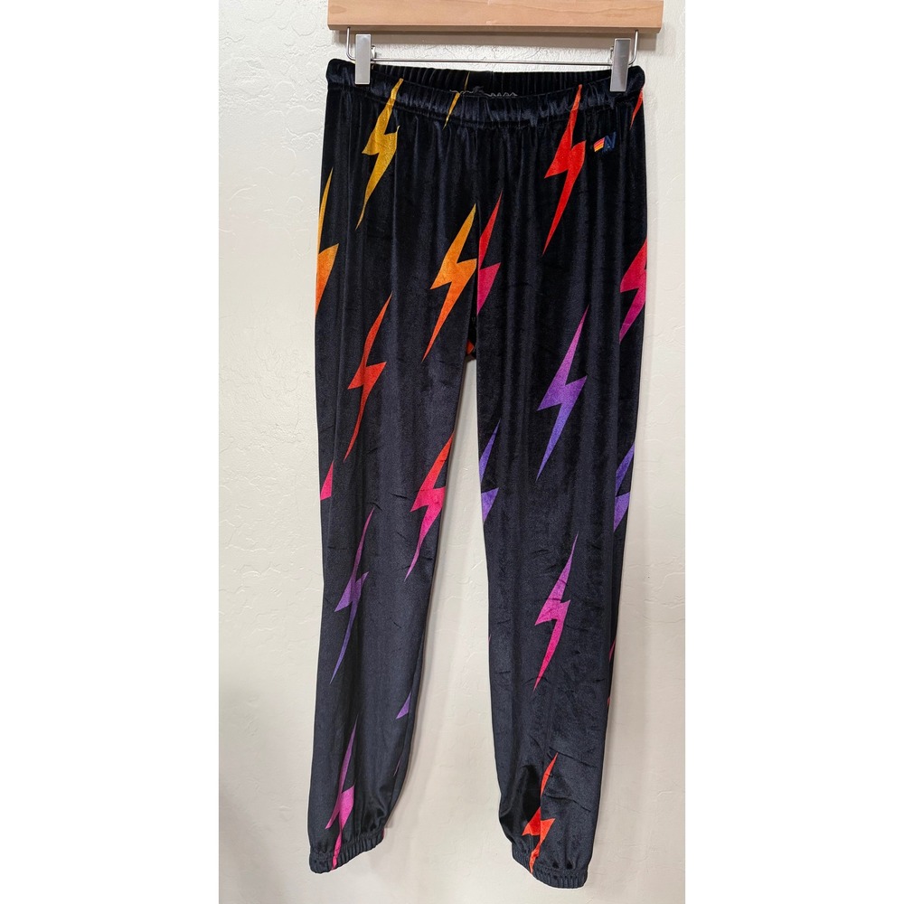 Aviator Nation Velvet Sweatpants Black Rainbow Lightning Bolt Joggers Womens M